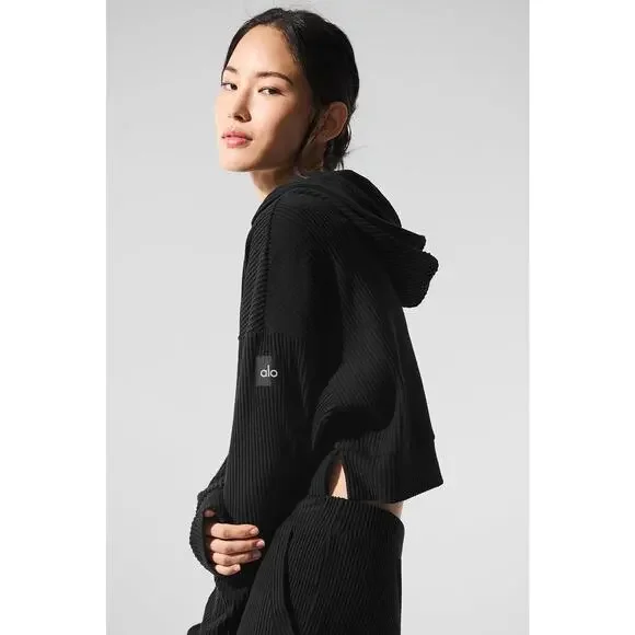 Alo Yoga Muse Hoodie Black Cropped Ribbed Lounge Sweatshirt XS Soft Plush Studio